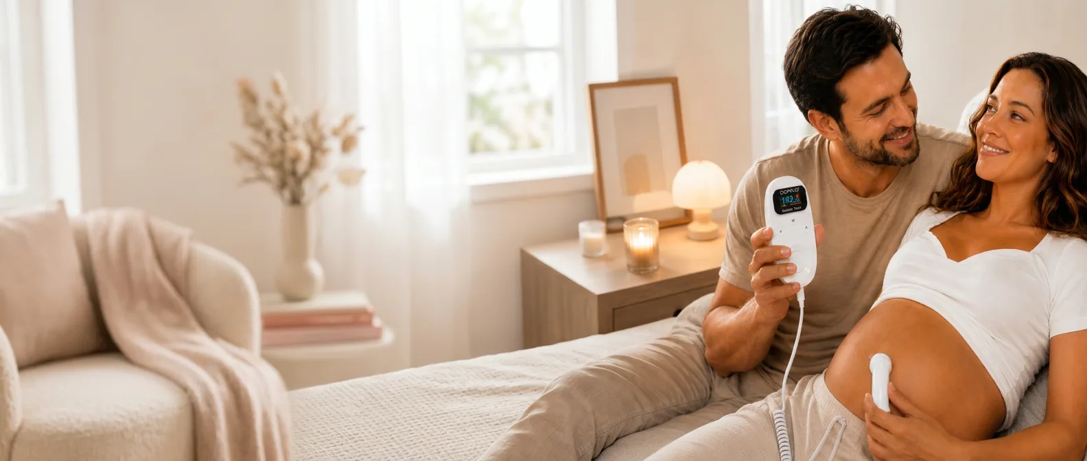 Futurs parents écoutant les battements du cœur de leur bébé à la maison avec l'appareil DOPPLO®