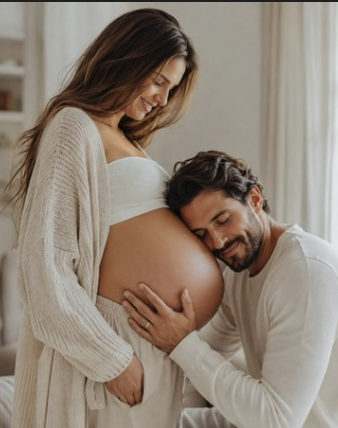Couple partageant un moment tendre, le papa posant l'oreille sur le ventre de la future maman