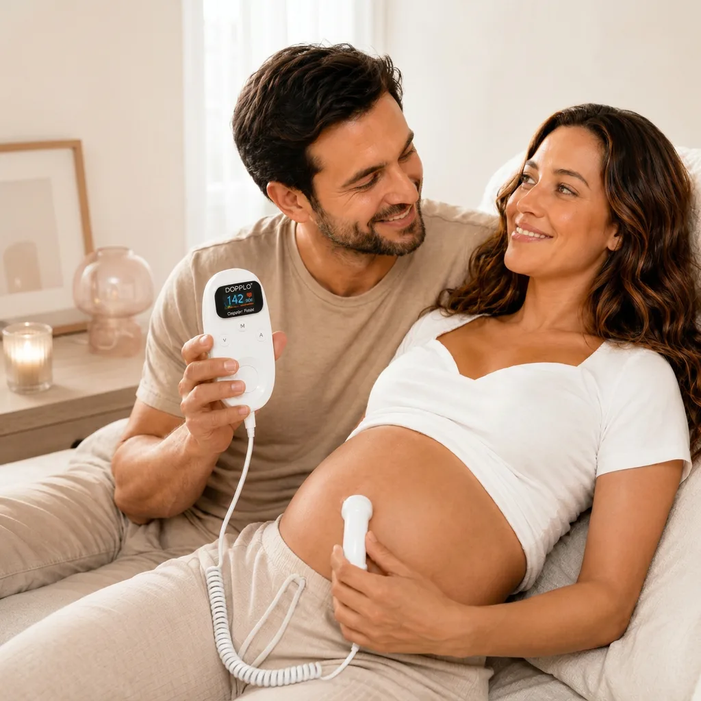Futurs parents écoutant les battements du cœur de leur bébé avec le doppler DOPPLO®