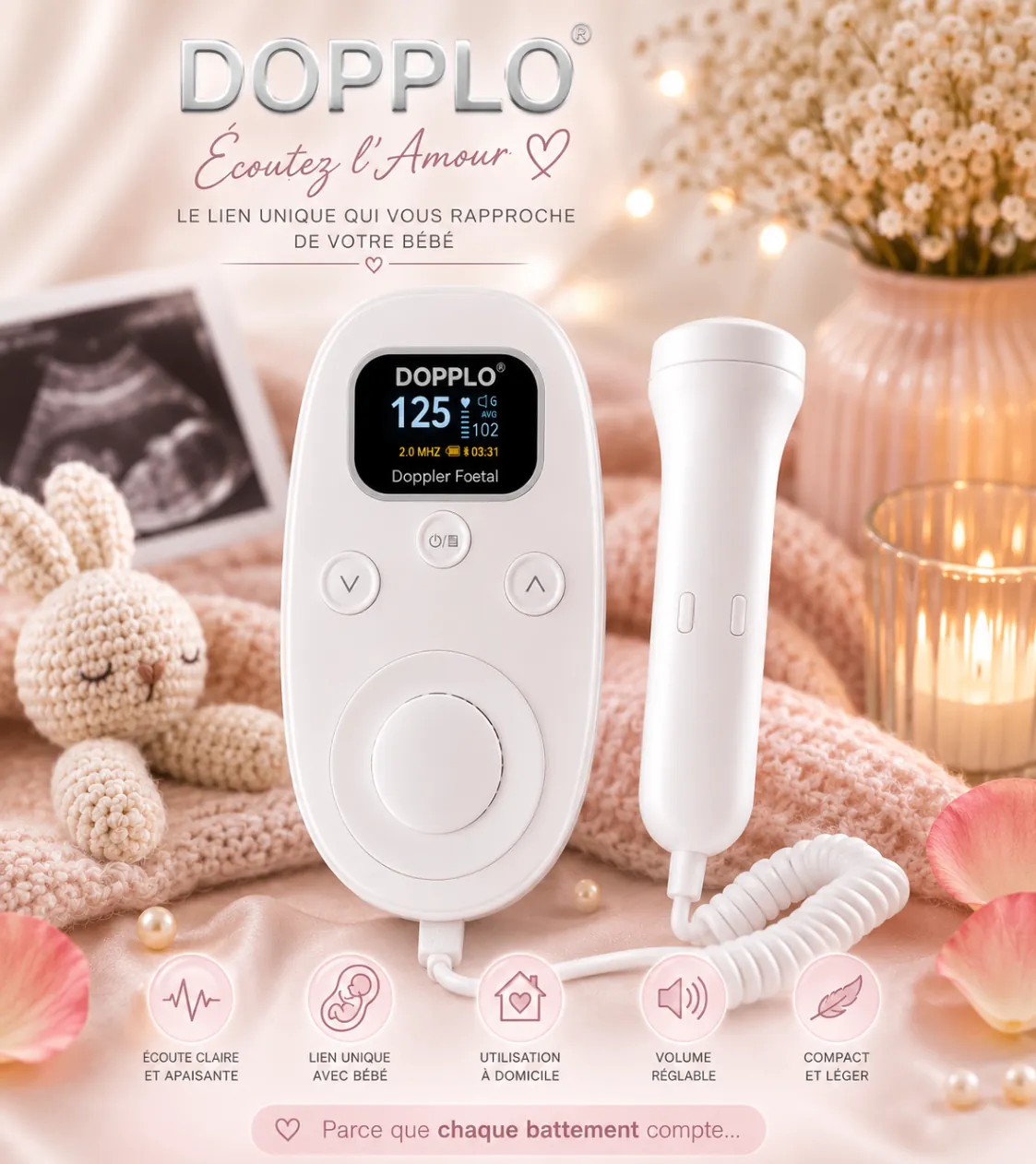 Présentation premium du coffret DOPPLO® et de ses accessoires sur satin ivoire